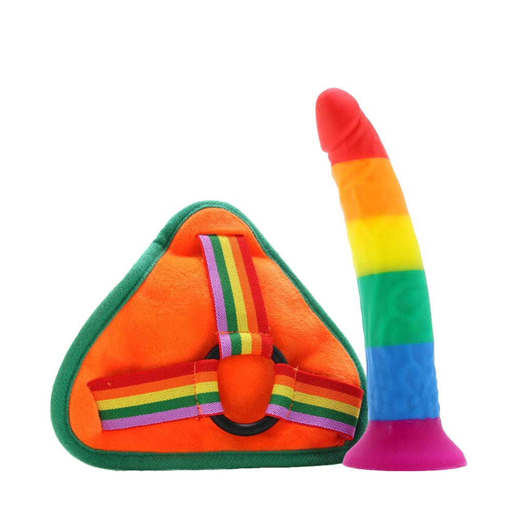 Power Drive Rainbow 7" Silicone Dildo with Multicolor Strap On Harness