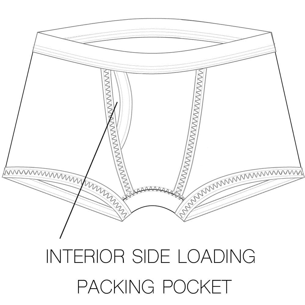 Illustration of shift by Rodeoh boxer underwear with an interior side loading packing pocket.