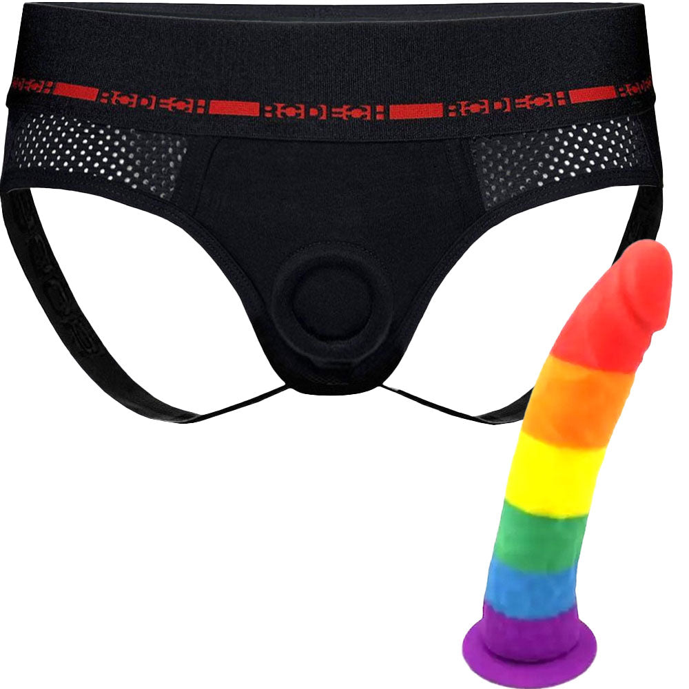Jock Harness & 7.5" Rainbow Slim Silicone Dildo - Package Deal