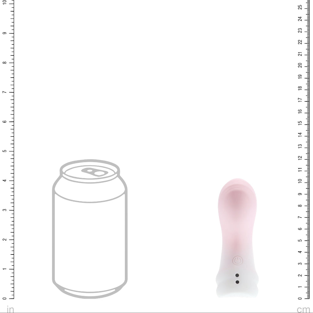 loveline mist silicone finger vibrator in blush pink, from the front, next to a standard soft drink can for size comparison