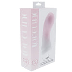 loveline mist silicone finger vibrator in blush pink, packaging form the front and one side