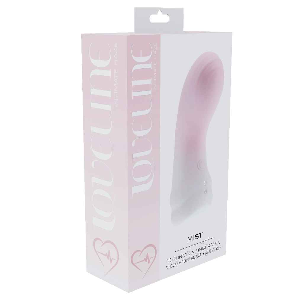 loveline mist silicone finger vibrator in blush pink, packaging form the front and one side