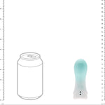 loveline mist silicone finger vibrator in green, facing forward with the power button and charger port facing next to a standard soft drink can for size comparison