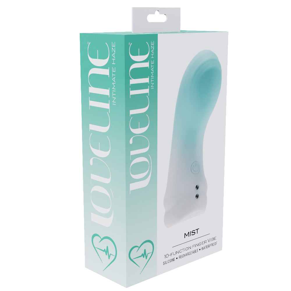 loveline mist silicone finger vibrator in green, from the front with one side out