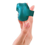 kisscool tapping finger silicone vibrator in teal, from the side slid onto an index finger