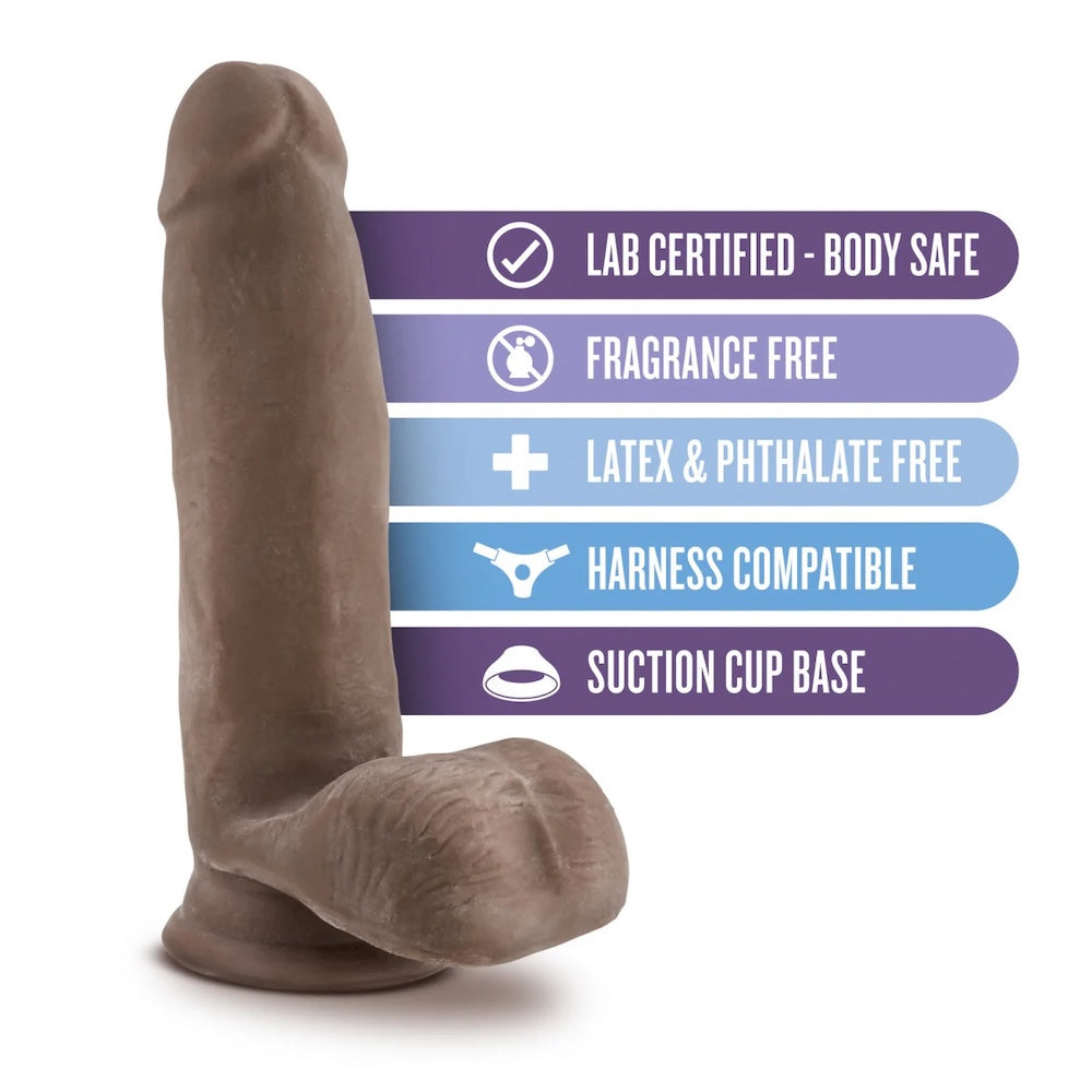 Chocolate Au Naturel dual density sensafeel dildo with balls and suction cup from 3 quarters front view with graphic text of features 