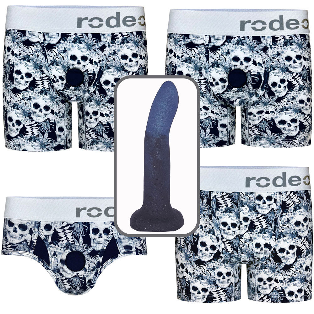 Rory indigo smoke dildo with all 4 options of midnight skulls harnesses from the front