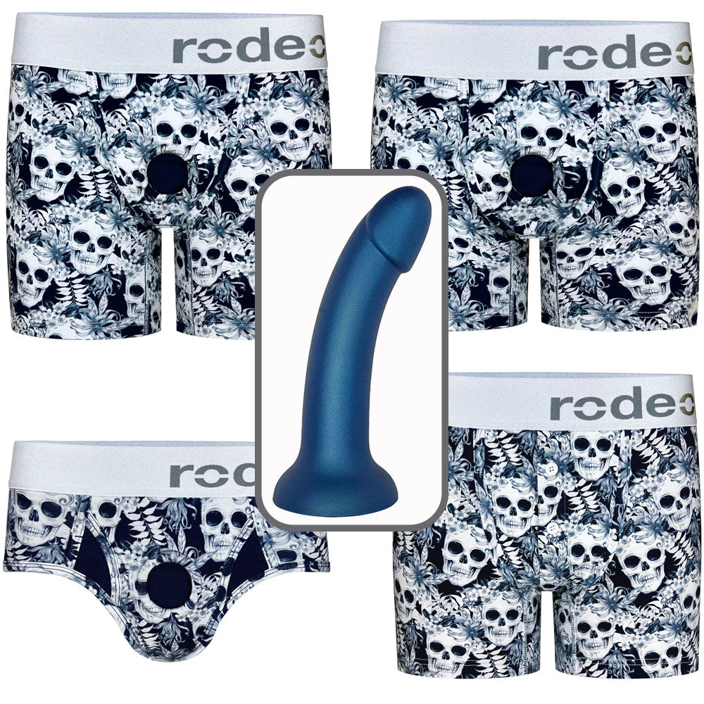 All Midnight Skulls harnesses, including Brief+, Classic Boxer+, Button Fly boxer, and Rise Boxer with Free Sol dildo