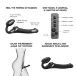 Strap on me multi orgasm strapless strap on vibrator in black in, sketch graphic of how to wear it, the remote, and where the motors are in the toy