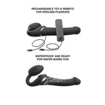 Strap on me multi orgasm strapless strap on vibrator in black in size large, from the side with wireless remote 