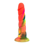 Nexus Loli 6 inch silicone horn dildo in rainbow tie dye colors, flat on its base, form the side