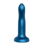 Nexus 6 inch rory silicone dildo in midnight blue metallic, sitting flat on its suction base, facing forward with g spot curve facing the viewer