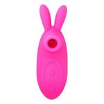 pink silicone bunny  shaped clitoral vibrator with licking tongue and vibrating ears from the front