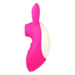 pink silicone bunny  shaped clitoral vibrator with licking tongue and vibrating ears from the side