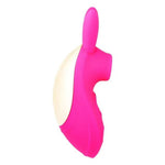 pink silicone bunny  shaped clitoral vibrator with licking tongue and vibrating ears from the side