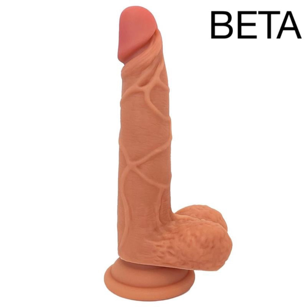 nexus legacy silicone tan dildo beta from the side, flat on its suction cup base