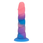 Nexus Loli swirl ribbed silicone dildo in Aurora glow, a pink, blue and purple mix, flat on its suction base, from the side