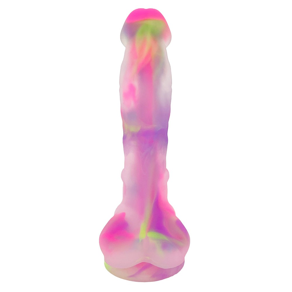 Nexus Neon Crush Glow in the dark neon rainbow swirl silicone semi realistic dildo with balls and suction cup base from the  front