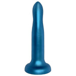 Nexus 7 inch rory silicone dildo in metallic midnight blue, flat on its suction base from the back with the g spot curve facing  away from the viewer