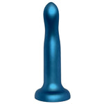 Nexus 7 inch rory silicone dildo in metallic midnight blue, flat on its suction base form the fort with the g spot curve facing the viewer