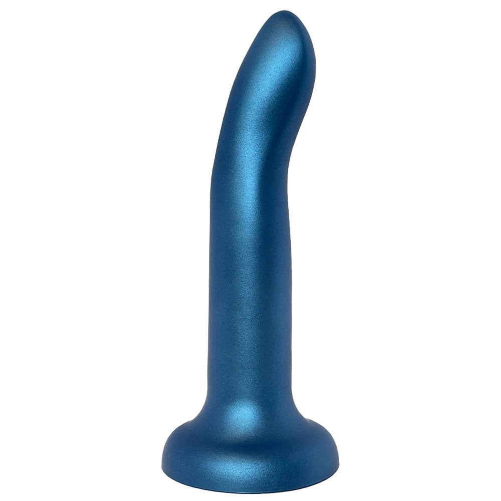 Nexus 7 inch rory silicone dildo in metallic midnight blue, flat on its suction base form the side