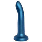 Nexus 7 inch rory silicone dildo in metallic midnight blue, flat on its suction base form the fort with the g spot curve facing the left