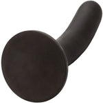 Nexus Silicone Pip 6 inch black firm silicone dildo from the bttom with suction cup tilted up to view underneath