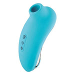 Nexus Tap Dance suction and tapping silicone vibrator in teal blue, from the front and side with function buttons