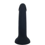 Nexus Sol silicone dildo in matte black finish, flat on it's suction cup base, from the side with the tip curved to the back, under shaft view