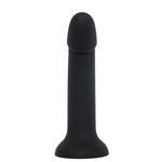 Nexus Sol silicone dildo in matte black finish, flat on it's suction cup base, from the side with the tip curved toward the front, top view