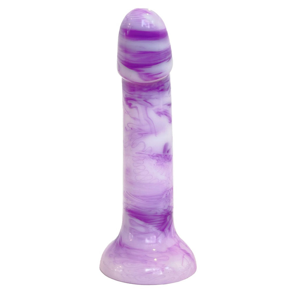 Nexus Sol dildo in firm silicone, in berry shake, a white and purple swirl color way, from the front, flat on it's suction base, top of the shaft facing viewer