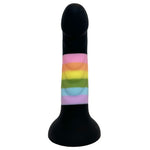 Nexus Silicone Tease ribbed dildo in black with rainbow stripes from the top so the ridges are facing the viewer, flat on its suction base. 