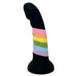 Nexus Silicone Tease ribbed dildo in black with rainbow stripes from the side, flat on its suction base. 