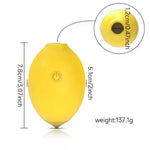 Nexus vibes lemon pucker sucking yellow silicone lemon shaped vibrator, sitting on its tip, with dimensions shown and a spotlight of the opening with size