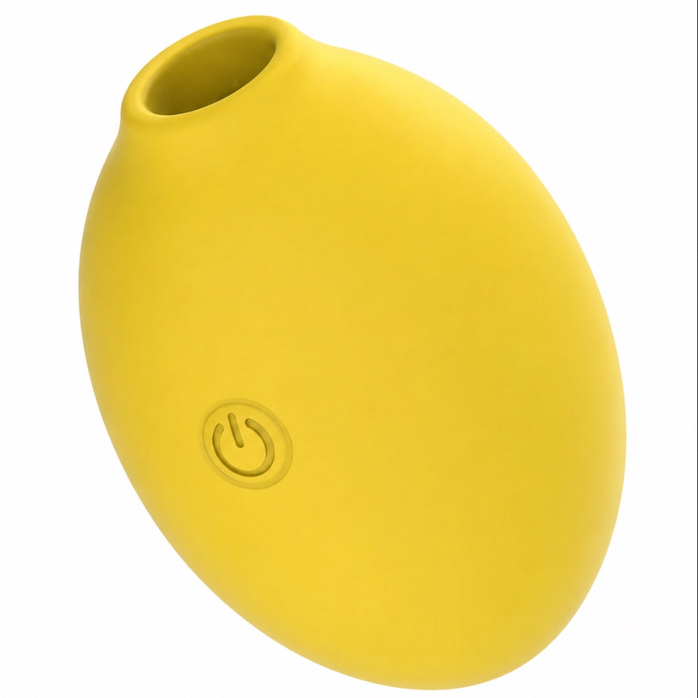 Nexus vibes lemon pucker sucking yellow silicone lemon shaped vibrator, showing suction opening