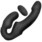 Nexus Vibes Together silicone vibrating strapless strap on double sided dildo in black, from the side, with its wireless remote 