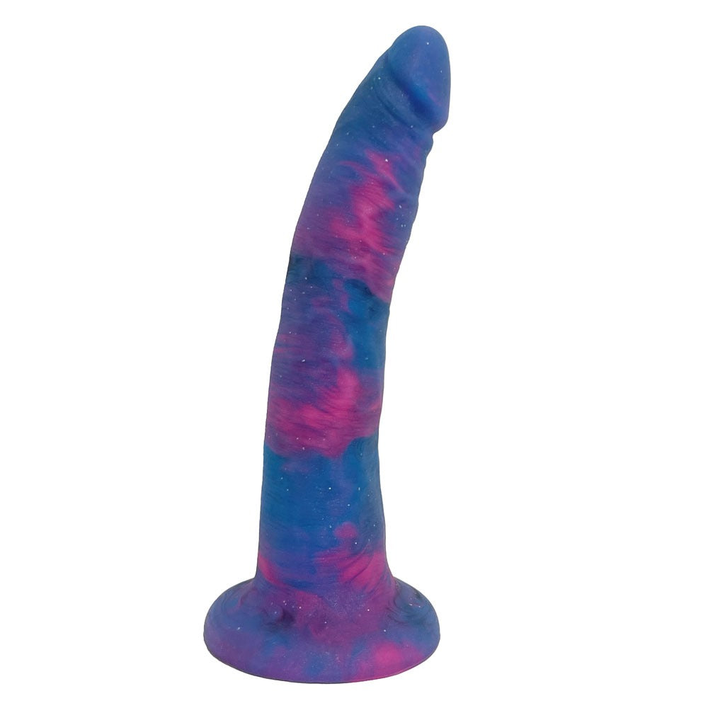 Nexus Wisp Slim tapered silicone celestial colored dildo with suction base base, from the side