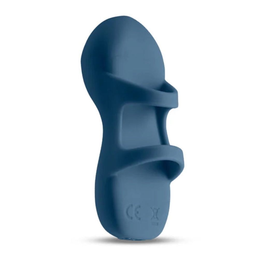 Blue Fingerella fingertip vibrator by NS Desire from the finger strap side, with the charging port facing down