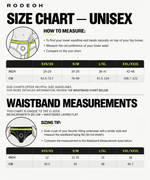 A Rodeoh size chart and waistband measurement guide for unisex apparel, showing tables for XXS/XXL/XXXL sizes in inches and centimeters, plus measurement instructions and a waistband measurement illustration.