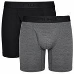 Two pairs of men's boxer briefs by RUH, with one pair in solid black and the other in heather gray, both featuring a wide black waistband with the brand name 'RUH' printed in black.