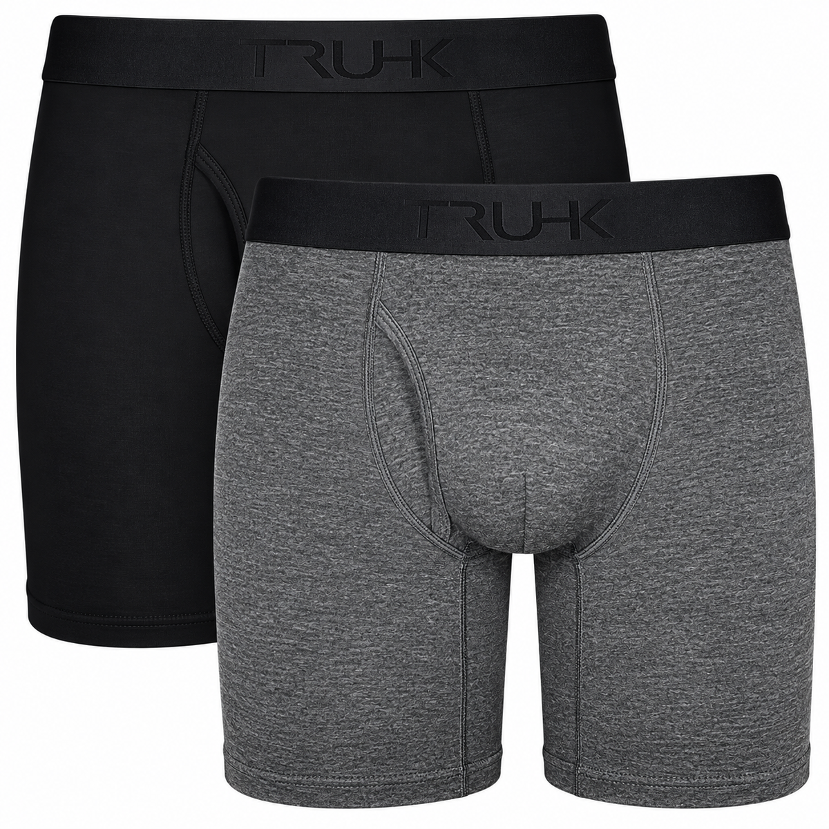 Two pairs of men's boxer briefs by RUH, with one pair in solid black and the other in heather gray, both featuring a wide black waistband with the brand name 'RUH' printed in black.