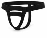 FTM Co. Minimal Thong Packing Harness in black, shown as worn with open front frame and thong back strap