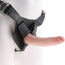 Pipedream King Cock 7 Vanilla Realistic PVC dildo with black vinyl strap on harness with dildo inserted into harness, on a mannequin
