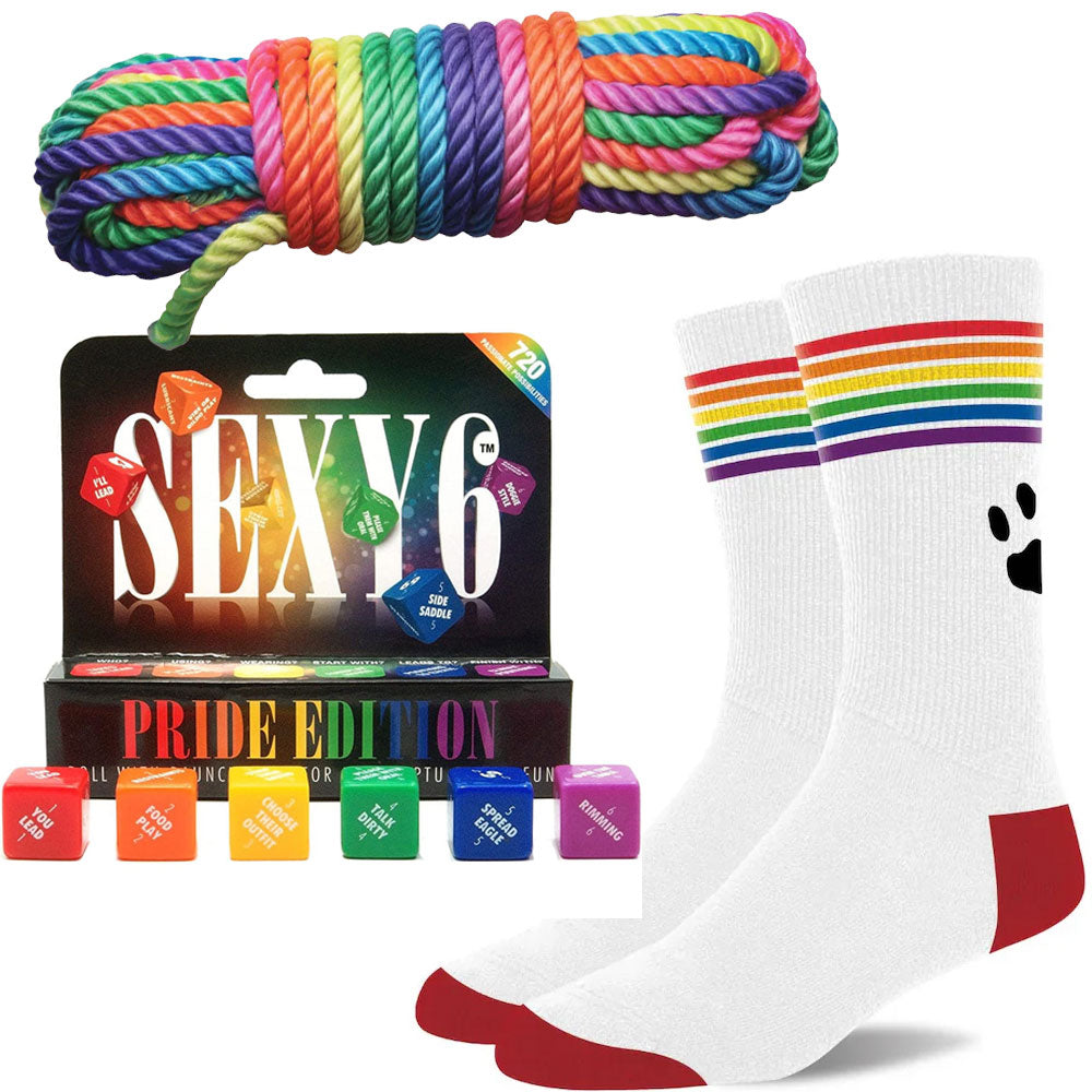 Pride Bundle - Gay Play - 3 Piece Kit with Rainbow Rope, Socks and Sex Dice