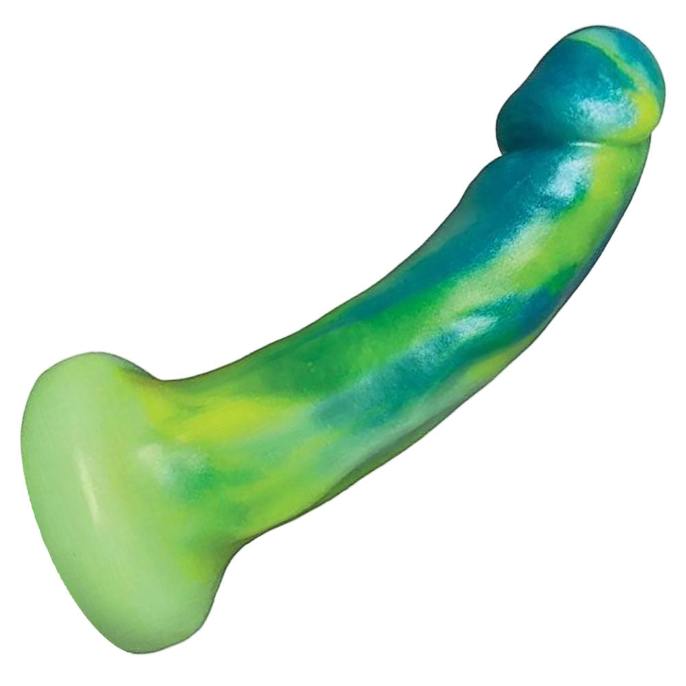 Android Dual density dildo in Green glow, swirled green and blue colors standing on its base