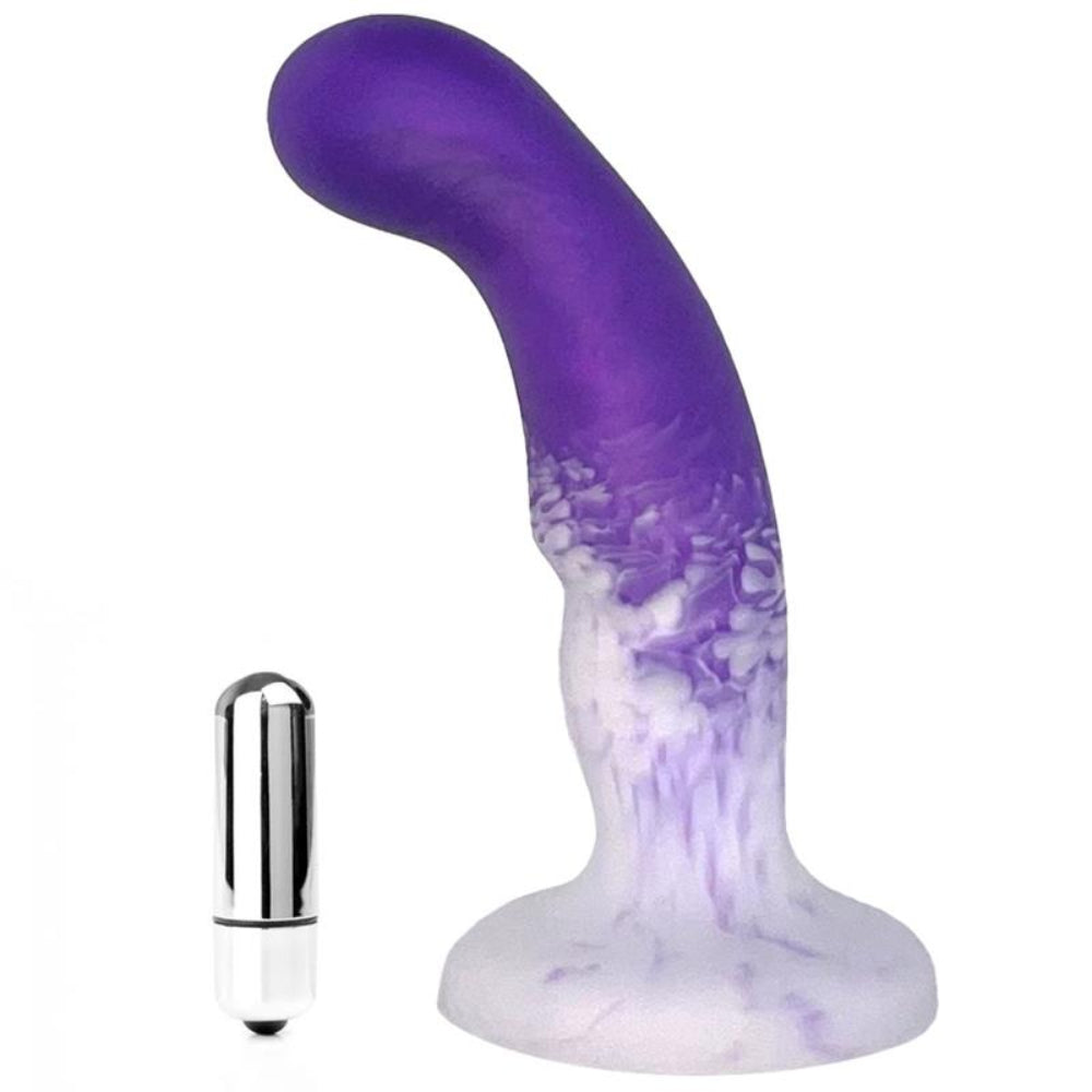 PROSTIM PURPLE AND WHITE OMBRE SILICONE ANAL DILDO FROM  THE SIDE, WITH INCLUDED ILVER BULLET VIBE