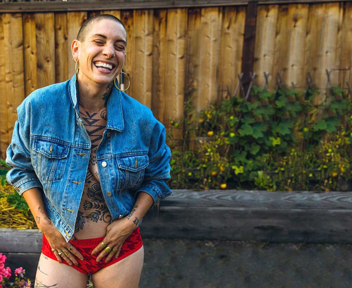 punk weins photo of person in rodeoh brief harness in garden