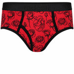 RodeoH Top Loading Brief Packer Underwear in red Hearts & Roses print: black line-drawn anatomical hearts and roses on deep red, front view