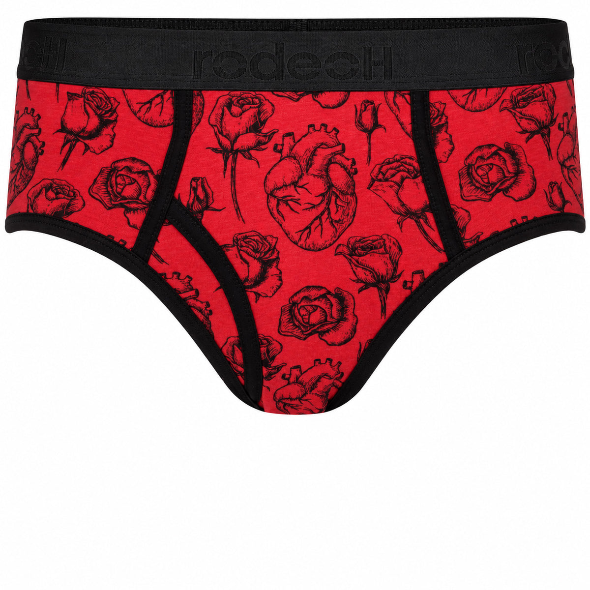 RodeoH Top Loading Brief Packer Underwear in red Hearts & Roses print: black line-drawn anatomical hearts and roses on deep red, front view