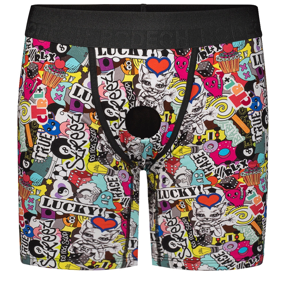 Rodoeh rise boxer harness in lucky print from the front, flat